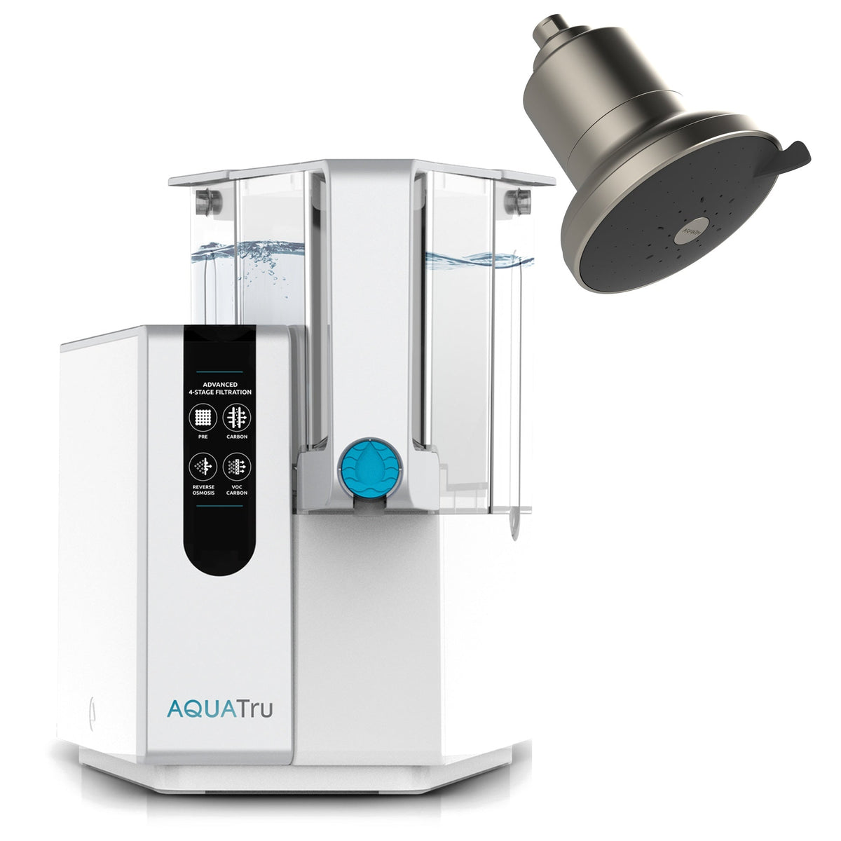 AquaTru Classic water filtration system with a brushed nickel showerhead and water in the tanks.