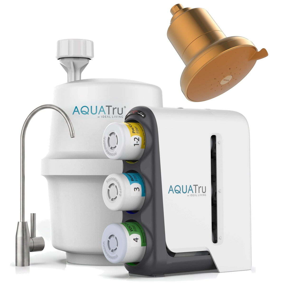 AquaTru under-sink water filtration system with stainless steel faucet and gold shower head.
