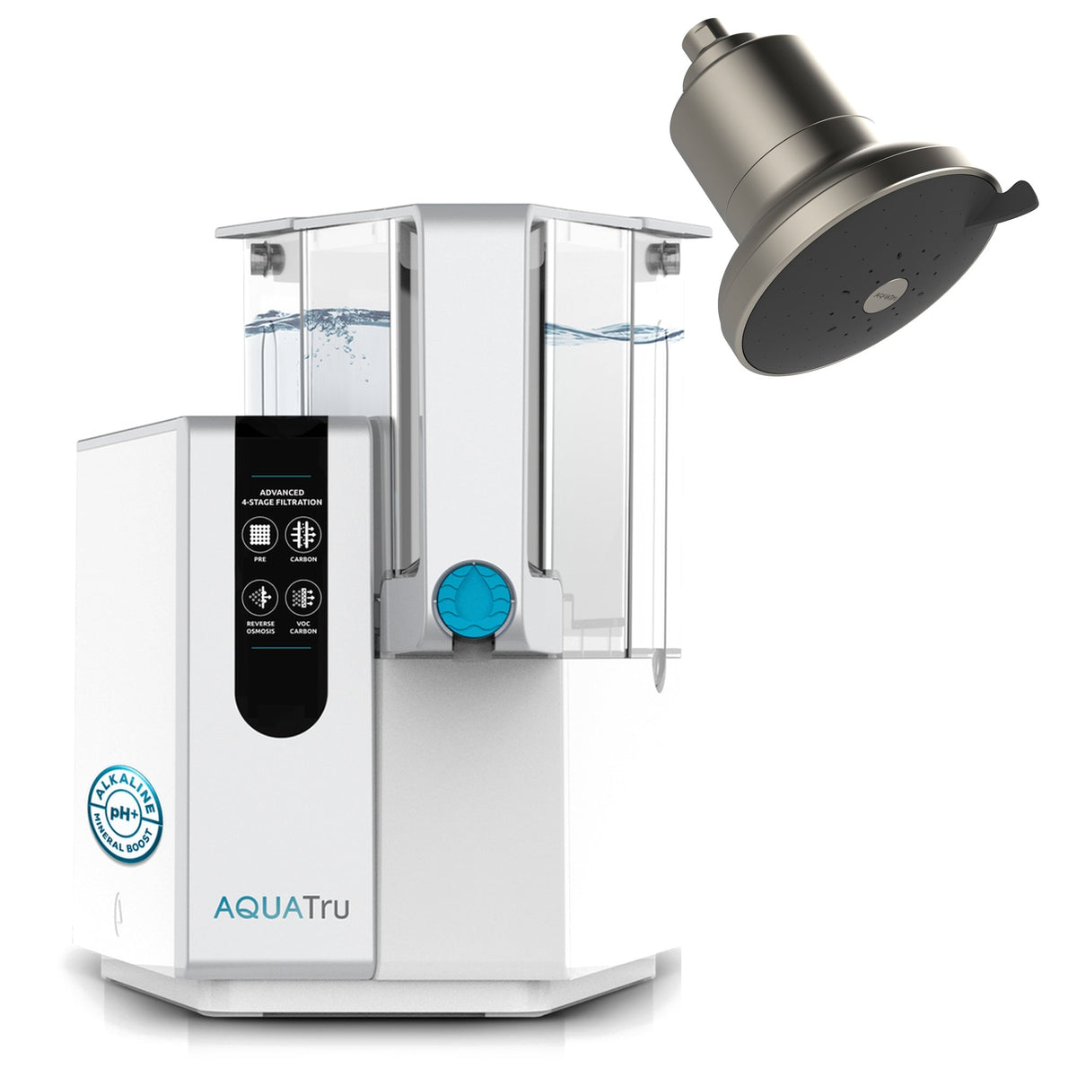 AquaTru Classic Alkaline water filtration system with a brushed nickel showerhead above it.