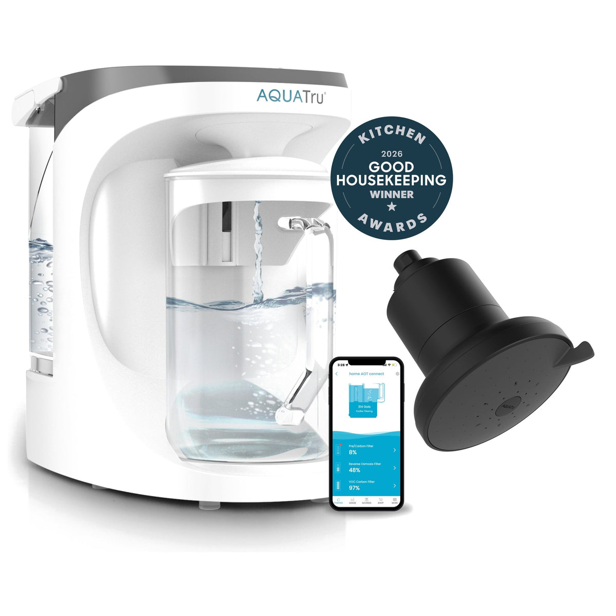 AquaTru CarafeSmart in white with a black shower head, smartphone app, and Good Housekeeping award badge.