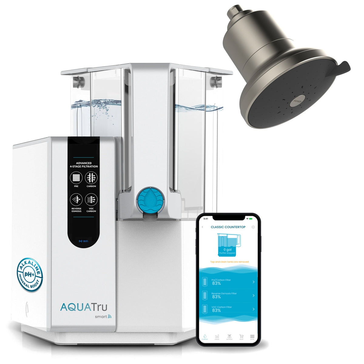 AquaTru Classic Smart Alkaline water filtration system with a brushed nickel showerhead and smartphone app display.
