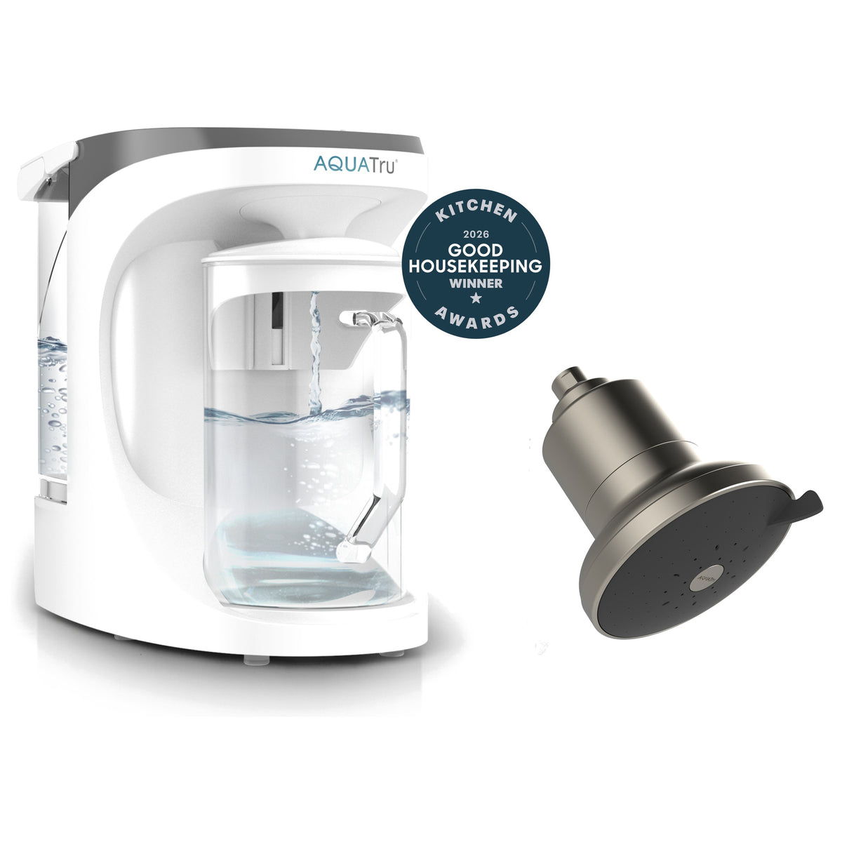 AquaTru Carafe with showerhead attachment, sleek white design, includes a Good Housekeeping award badge.