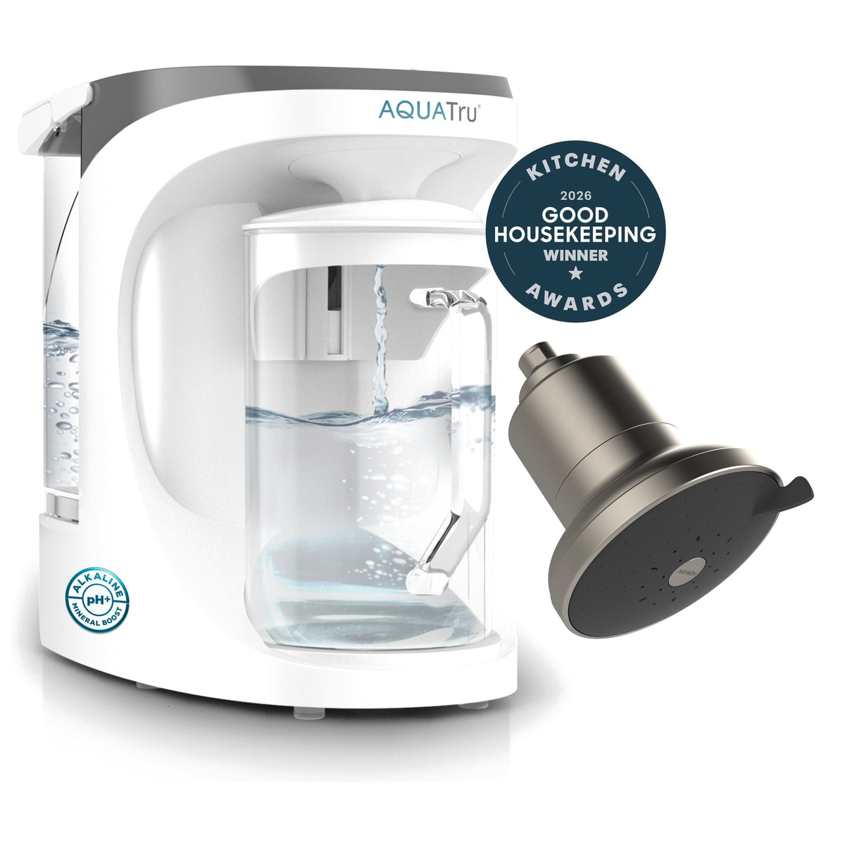 AquaTru carafe with water pouring, accompanied by a Good Housekeeping award badge and a brushed nickel shower head.