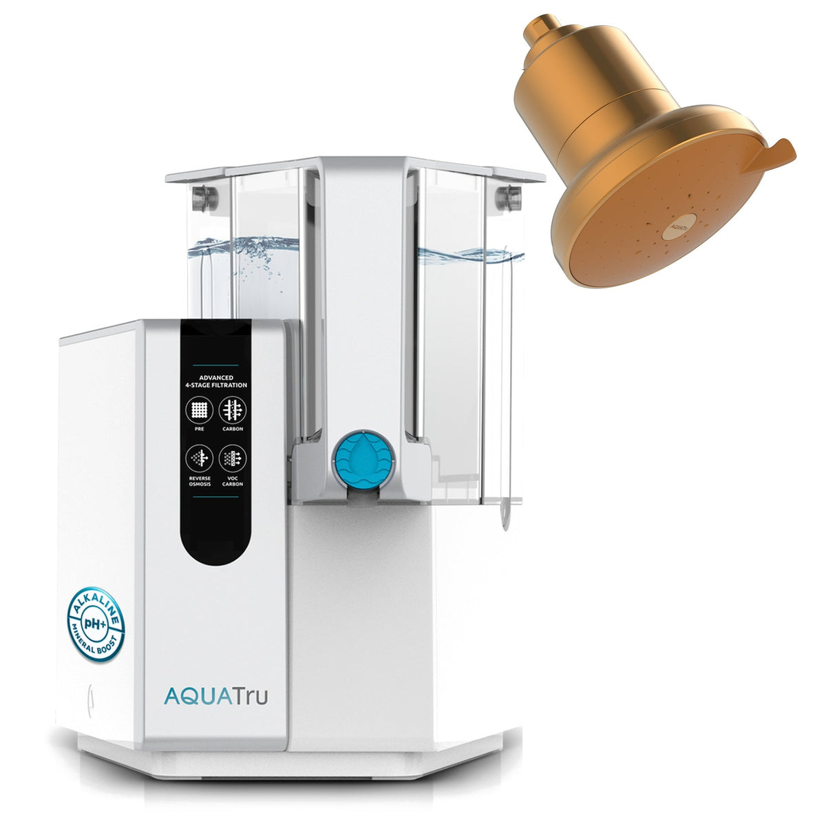 AquaTru Classic Alkaline water filtration system with a gold showerhead above it, showcasing water filtration features.