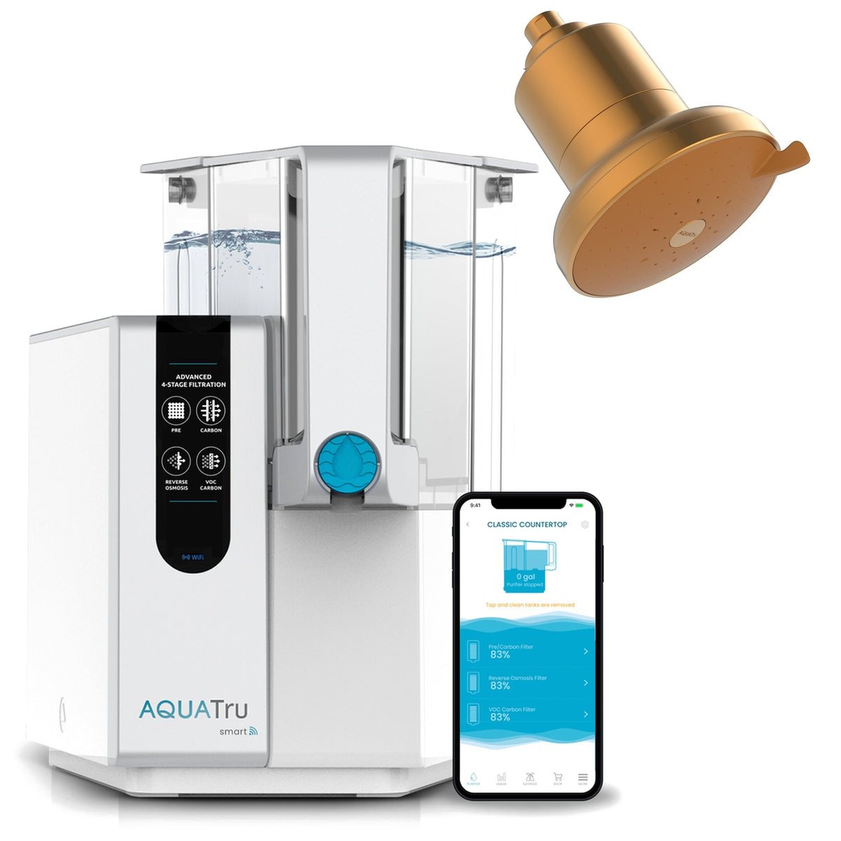 AquaTru ClassicSmart water filtration system with a gold showerhead and smartphone app displaying water quality.