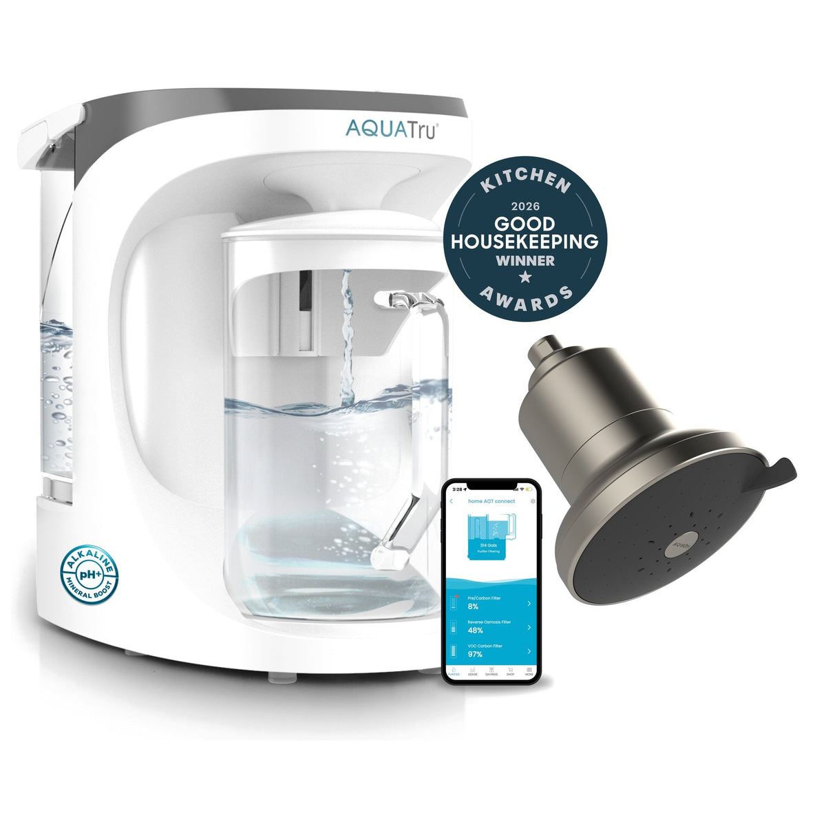 AquaTru carafe with brushed nickel shower head and smartphone app, showcasing water filtration technology.
