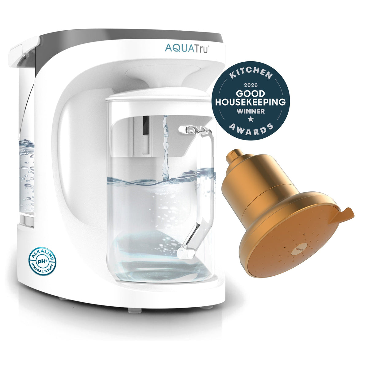 AquaTru carafe with water flowing, accompanied by a gold shower filter and award badge for Good Housekeeping.