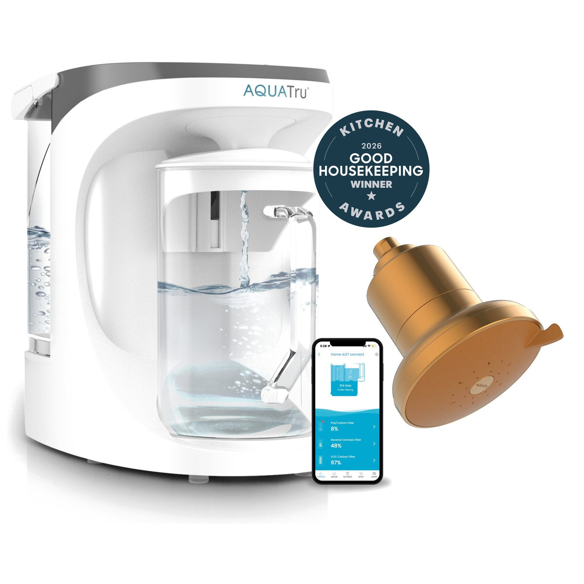 AquaTru Carafe with a gold shower head, smartphone app, and Good Housekeeping award badge displayed.