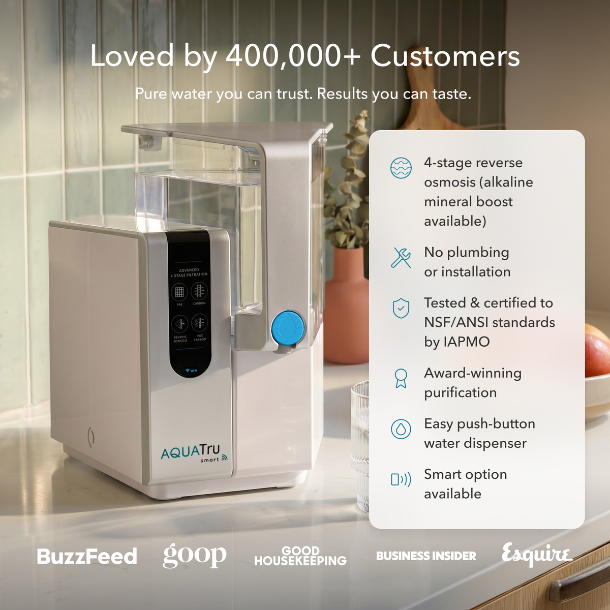 AquaTru Classic water purifier with 4-stage reverse osmosis filtration and easy push-button dispenser.