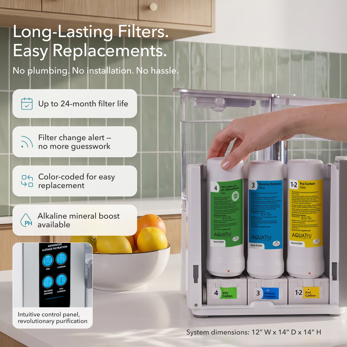 AQT Classic Alkaline water filter system with three color-coded filters and an intuitive control panel.