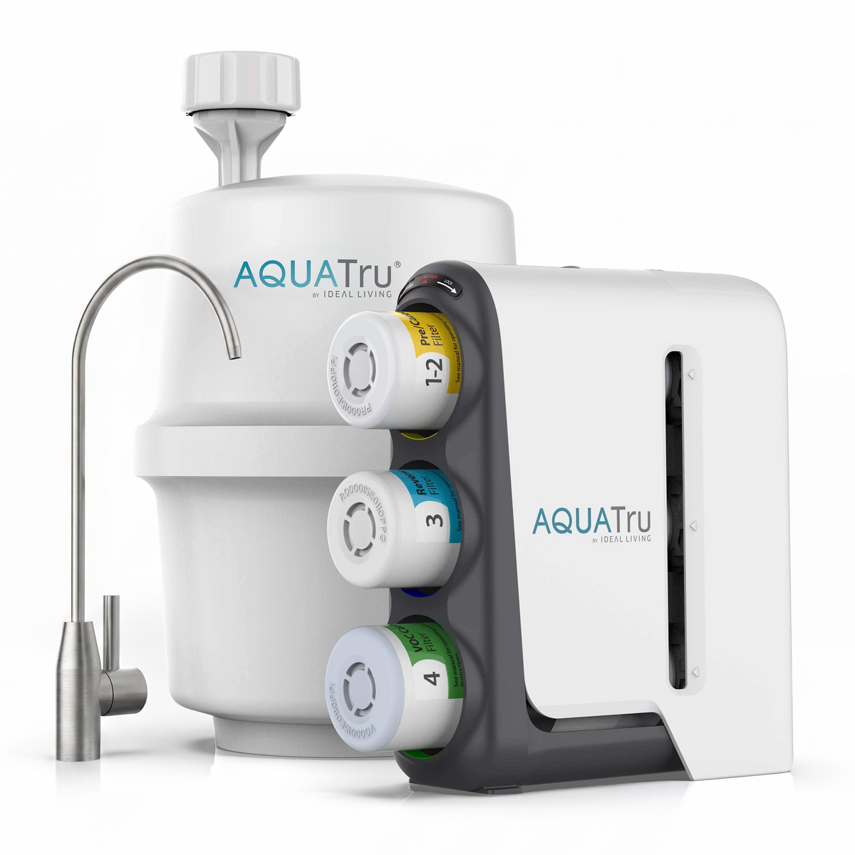 Brushed stainless steel water filtration system with four filter cartridges and a sleek faucet.