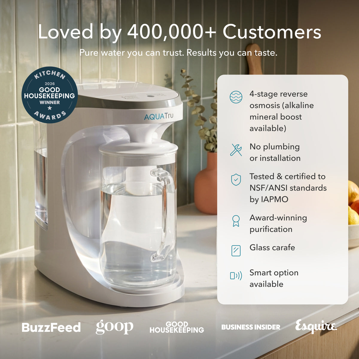 AquaTru Carafe with 4-stage reverse osmosis filtration for pure water, compact countertop design, and glass carafe.
