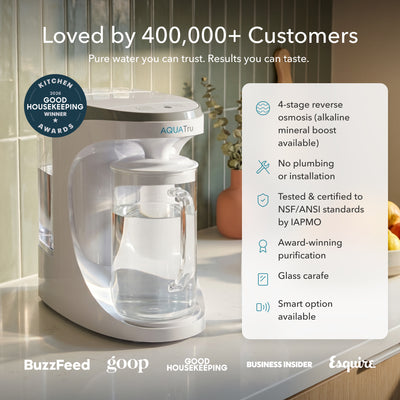 AquaTru Carafe with 4-stage reverse osmosis filtration for pure water, compact countertop design, and glass carafe.