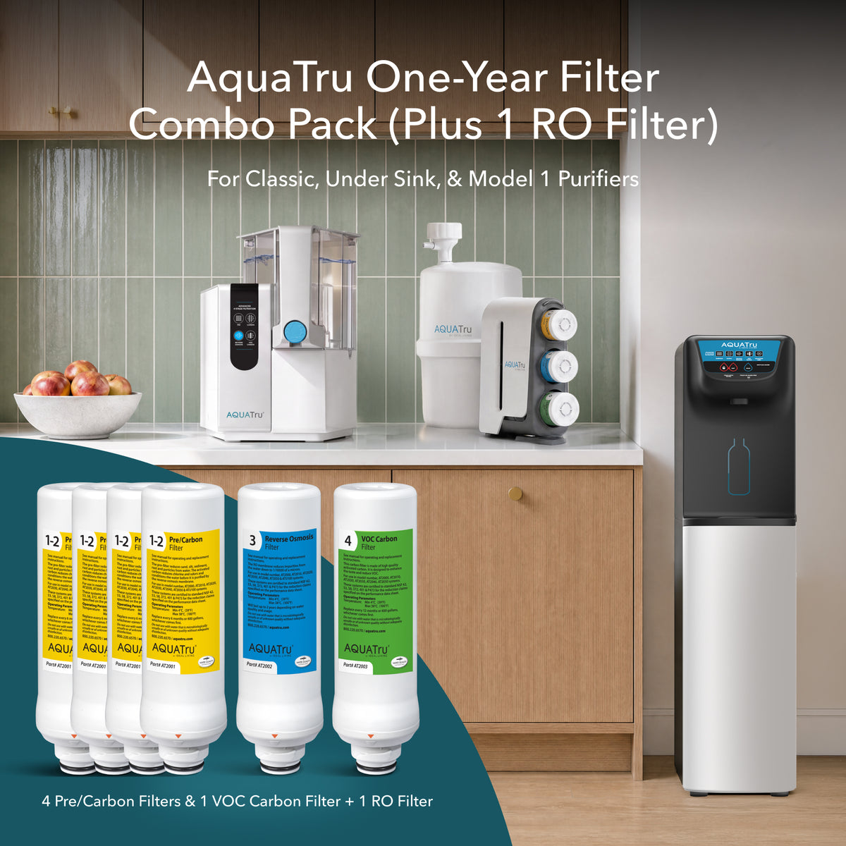 Classic Two-Year Filter Combo Pack with four pre/carbon filters and one RO filter for water purifiers.