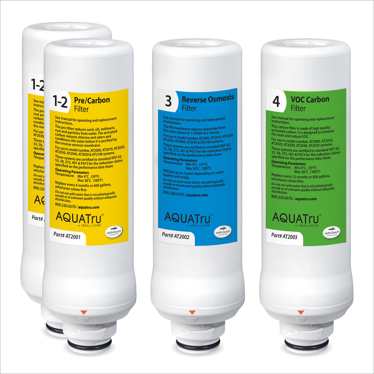 Five water filter cartridges labeled 1-2, 3, and 4, each with distinct colors and specifications.