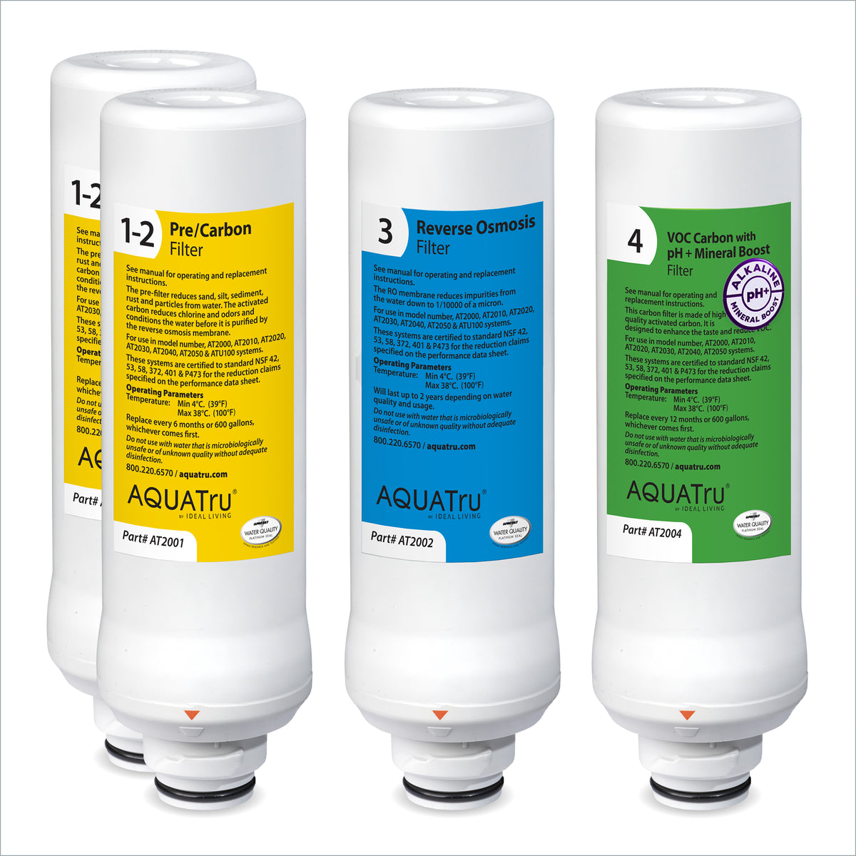 Four water filter cartridges labeled Pre/Carbon, Reverse Osmosis, and VOC Carbon with pH Mineral Boost, arranged vertically.