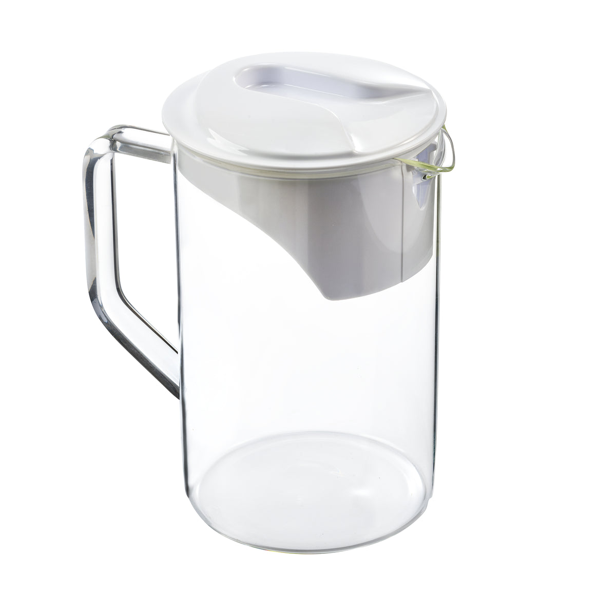 Glass carafe with white lid and handle.