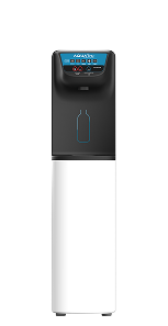 Black and white water dispenser with a digital control panel on top and a water bottle compartment.