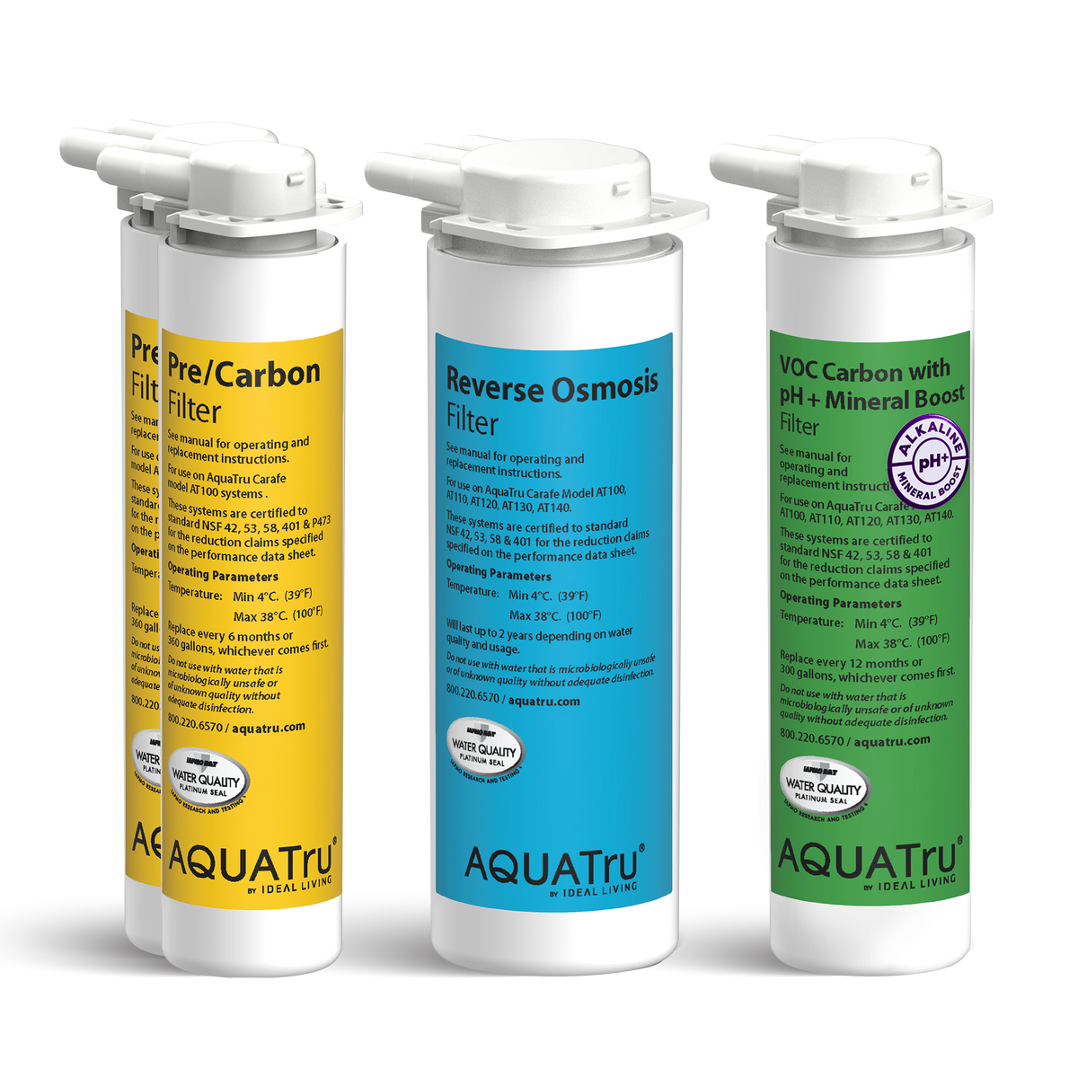 Four water filter cartridges in various colors, labeled for different filtration purposes, arranged neatly.