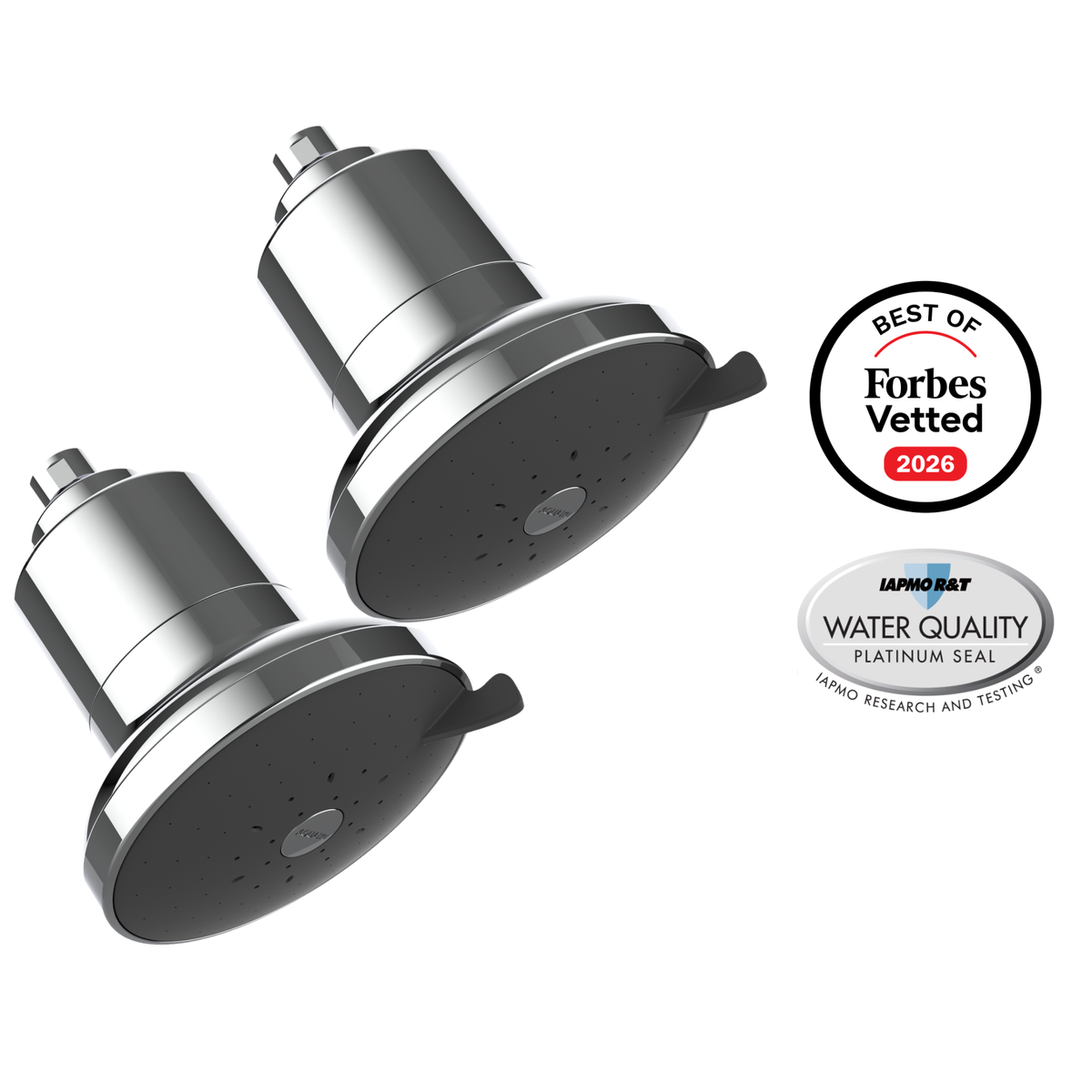 AquaTru Shower 2-Pack in chrome: two showerheads with polished chrome bodies and dark gray spray faces, beside Forbes Vetted 2026 and IAPMO Platinum Seal badges