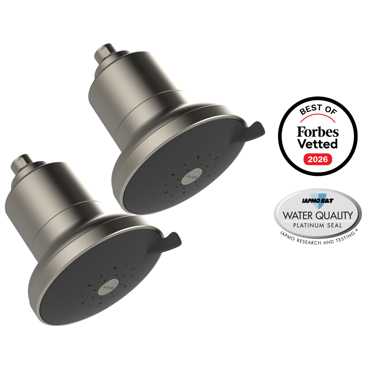 AquaTru Shower 2-Pack in brushed nickel: two showerheads with nickel bodies and dark gray spray faces, beside Forbes Vetted 2026 and IAPMO Platinum Seal badges