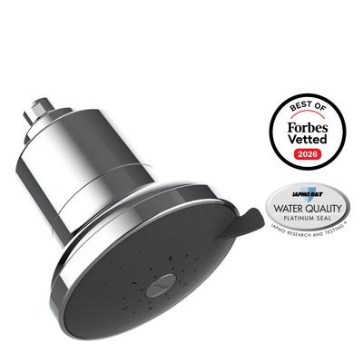 AquaTru Shower head in Polished Chrome with a sleek design, featuring awards for water quality and Forbes recognition.