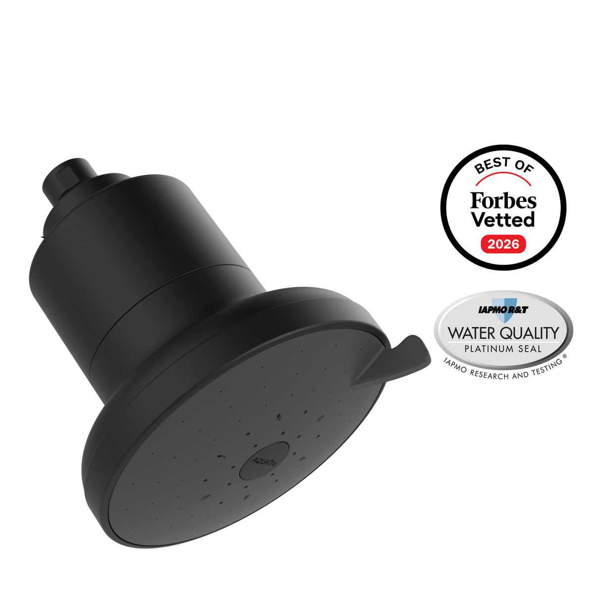 AquaTru Shower head in Matte Black with a sleek design, featuring awards for water quality and Forbes recognition.