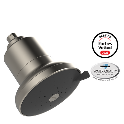 AquaTru Shower head in Brushed Nickel with a sleek design, featuring awards for water quality and Forbes recognition.