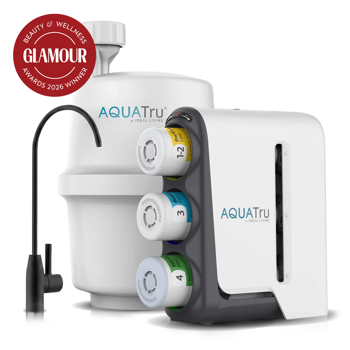 AquaTru under sink water filter with a matte black faucet and a Glamour Beauty & Wellness Awards 2026 Winner badge.