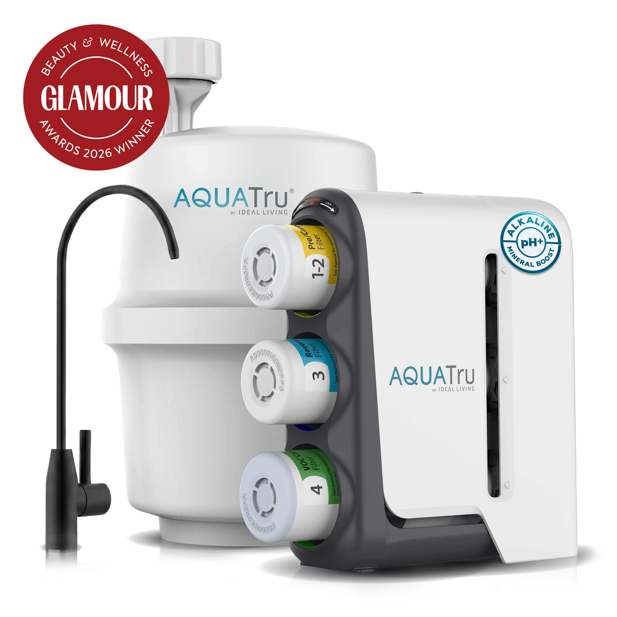 AquaTru under sink water filter with a matte black faucet, an Alkaline pH+ Mineral Boost badge, and a Glamour Beauty & Wellness Awards 2026 Winner badge.