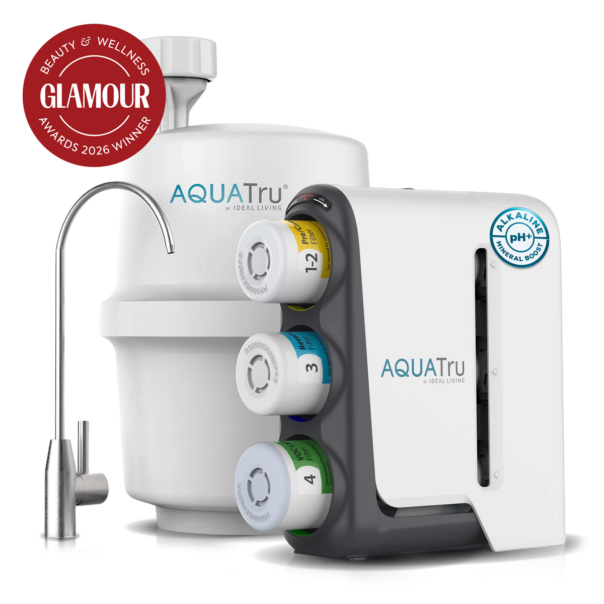 AquaTru under sink water filter with a polished chrome faucet, an Alkaline pH+ Mineral Boost badge, and a Glamour Beauty & Wellness Awards 2026 Winner badge.