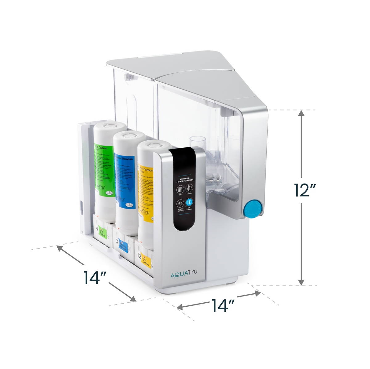 AquaTru Classic water purifier bundle with free pre-carbon filter, dimensions 14"x12"x12".