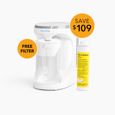 AquaTru Carafe with free pre-carbon filter, featuring a sleek white design and a savings tag of $109.