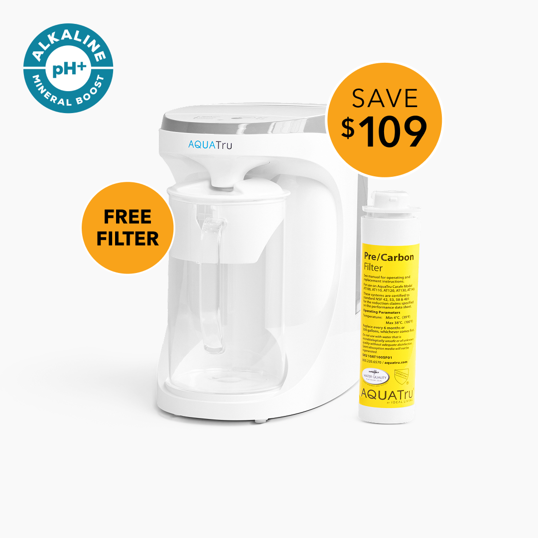 AquaTru Carafe with free pre-carbon filter, featuring alkaline mineral boost and sleek white design. Save $109!