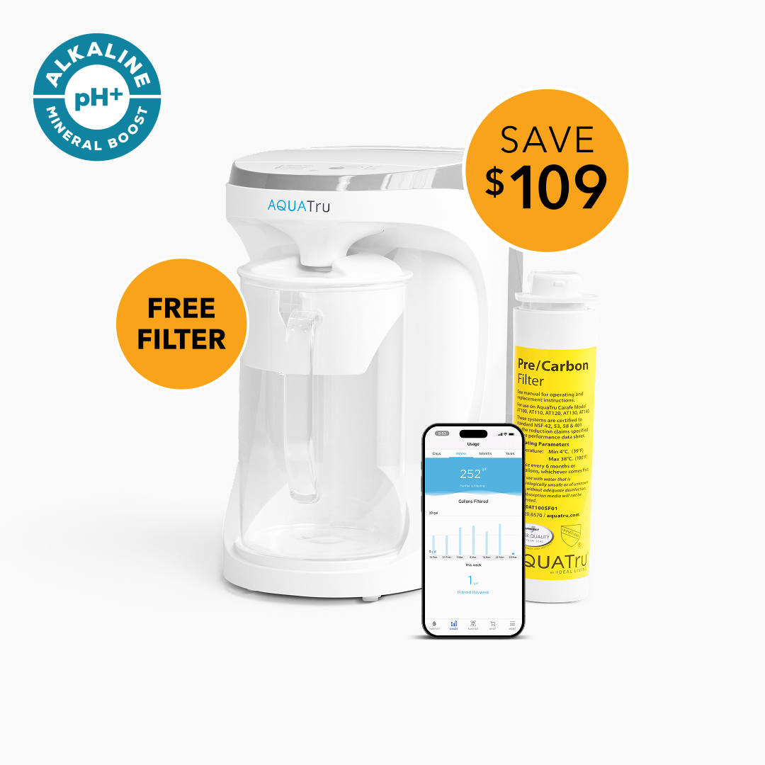 AquaTru Carafe with free pre-carbon filter and smartphone app, featuring a sleek white design. Save $109!