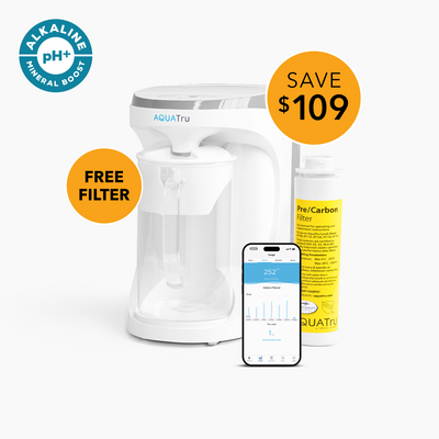 AquaTru Carafe with free pre-carbon filter and smartphone app, featuring a sleek white design. Save $109!