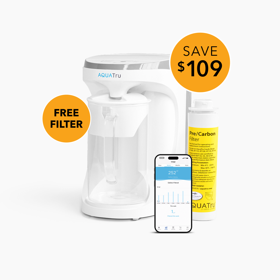 AquaTru Carafe with free pre-carbon filter and smartphone app for tracking water quality. Save $109!