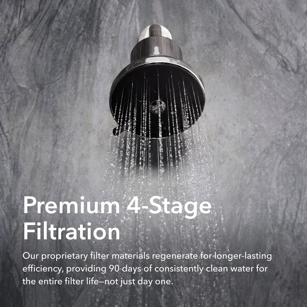 Shower head with water flowing against a gray stone background, featuring text about premium 4-stage filtration.