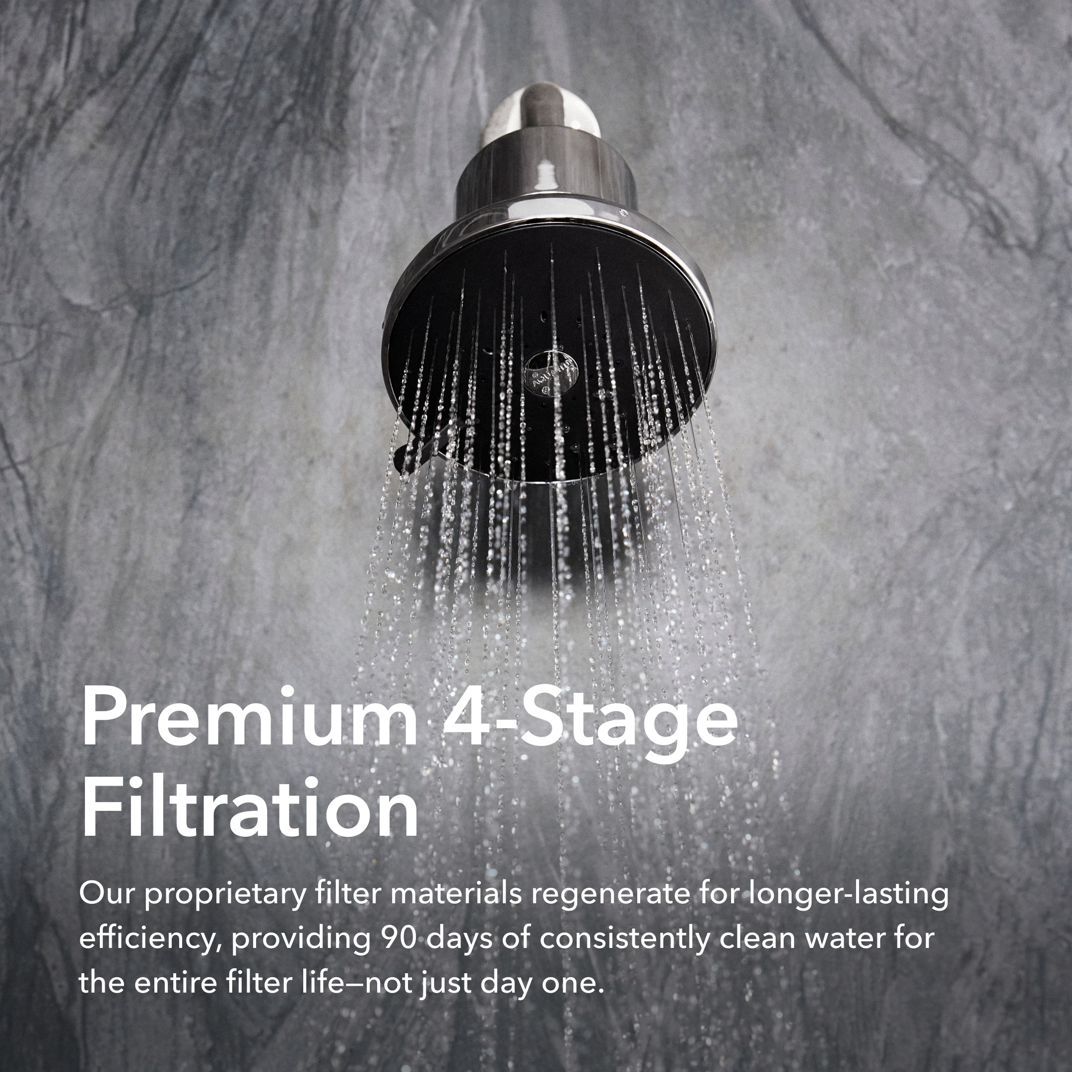 Shower head with water flowing against a gray stone background, featuring text about premium 4-stage filtration.