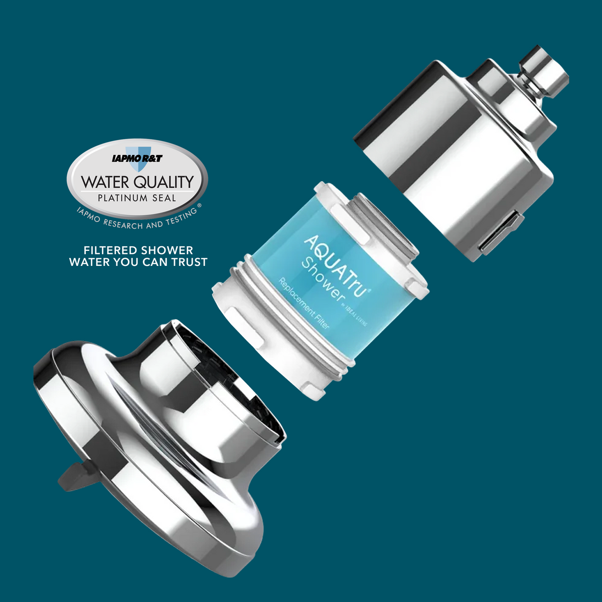 Matte black shower filter components with a blue cartridge, labeled "AQUATru Shower," against a teal background.