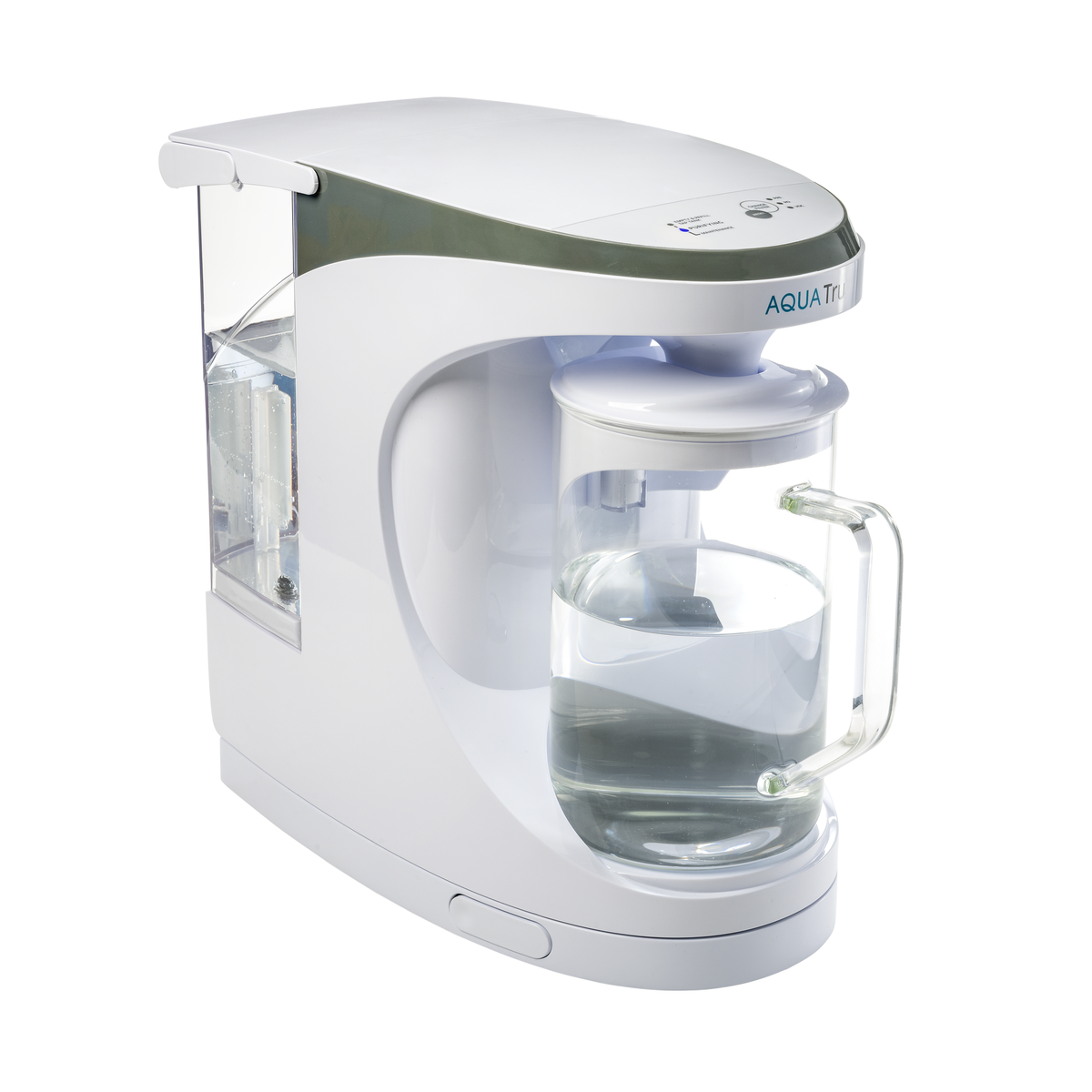 Carafe Countertop Sliding Tray in white with a clear glass carafe for easy pouring.