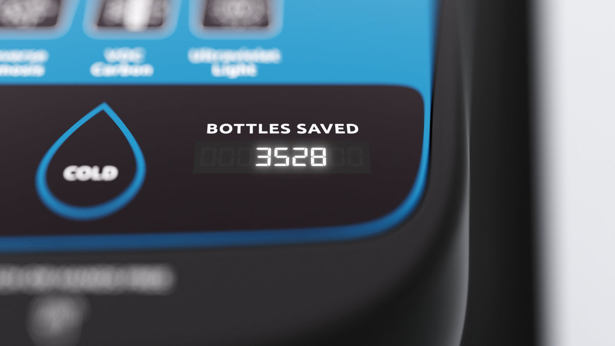 AQT Pro Model 1 display showing "BOTTLES SAVED" with the number 3528 highlighted.