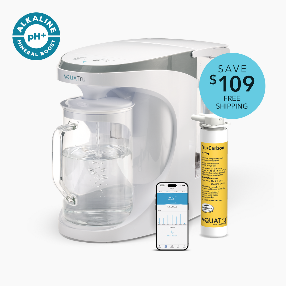 Smart carafe with a smartphone app display and a pre-carbon filter, promoting alkaline mineral boost and savings.
