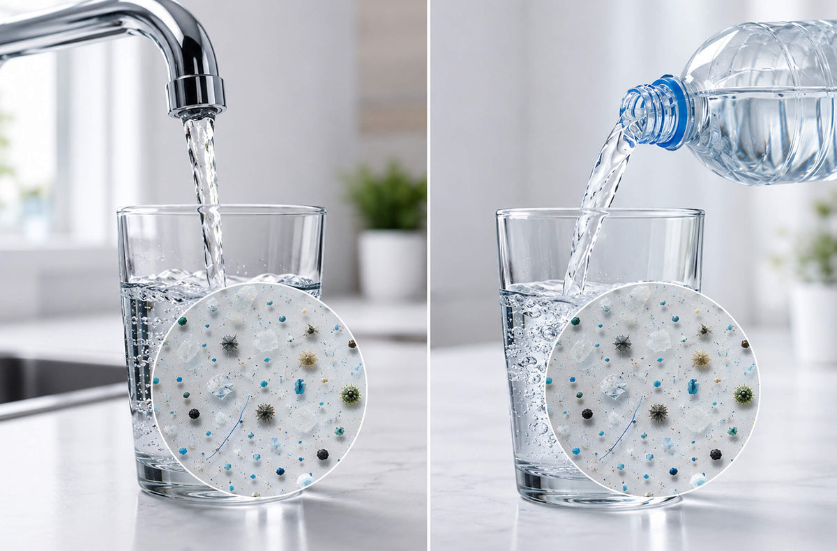 A glass filled with water next to a decorative coaster, with water being poured from a faucet and a bottle.