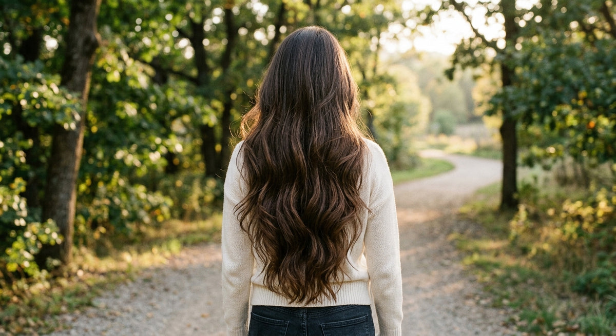 Long, wavy hair flows down a woman's back as she stands on a gravel path surrounded by trees.