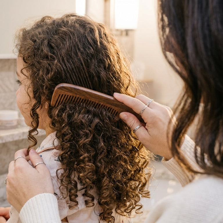 A person gently combs the curly hair of a child with a wooden comb in a softly lit room.