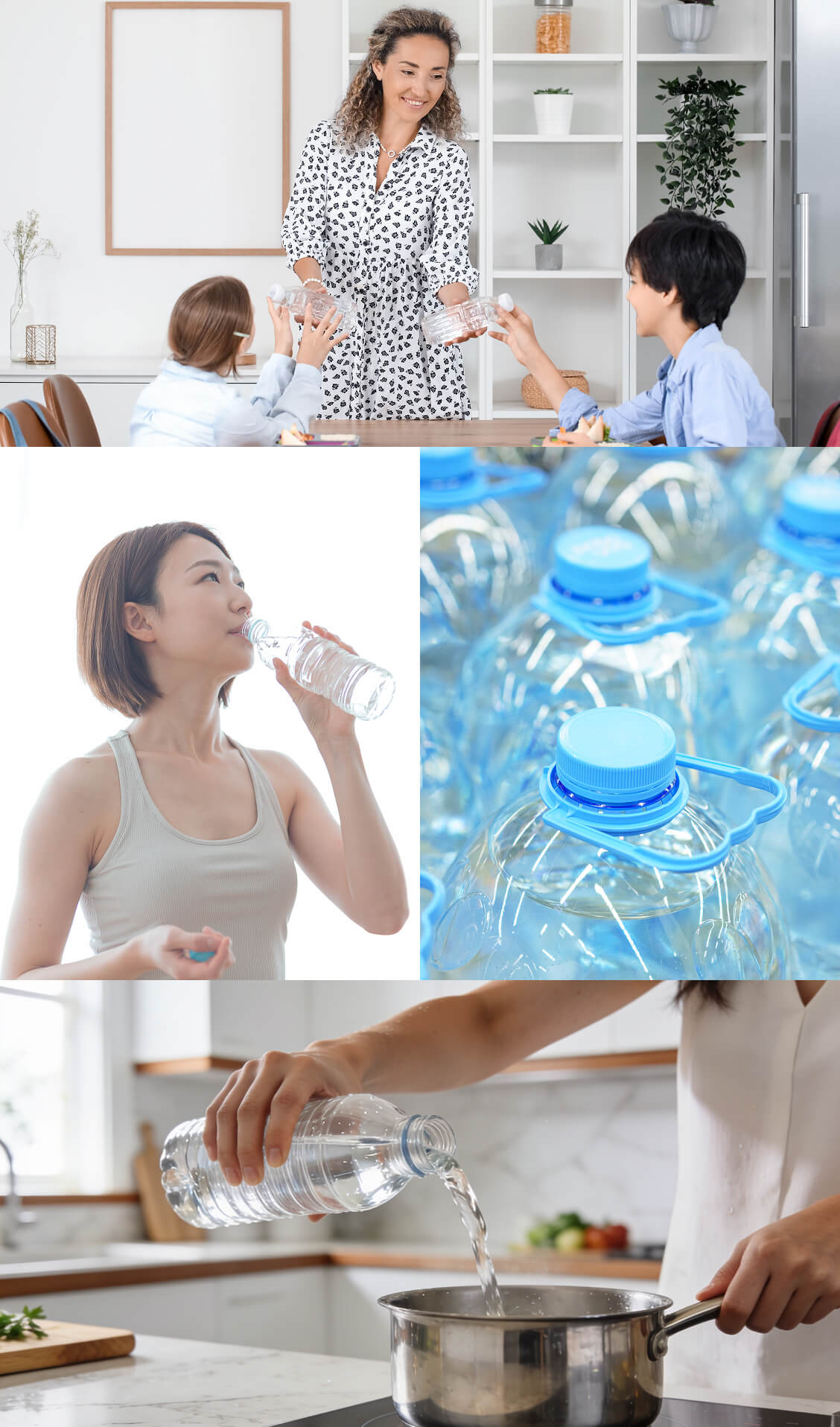 Woman serving water to children, a woman drinking from a bottle, and someone pouring water into a pot.
