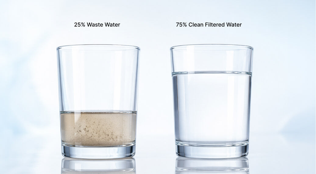 Two clear glasses side by side; one contains 25% waste water, the other 75% clean filtered water.
