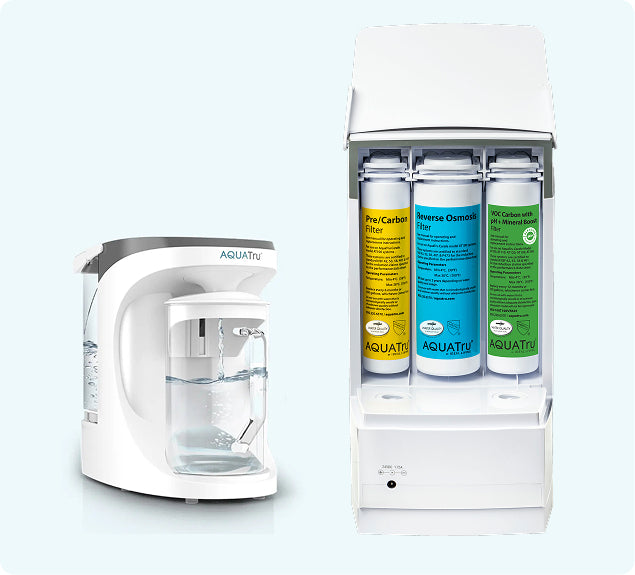 Water filtration system featuring a countertop unit and a filter cartridge setup with labeled components.