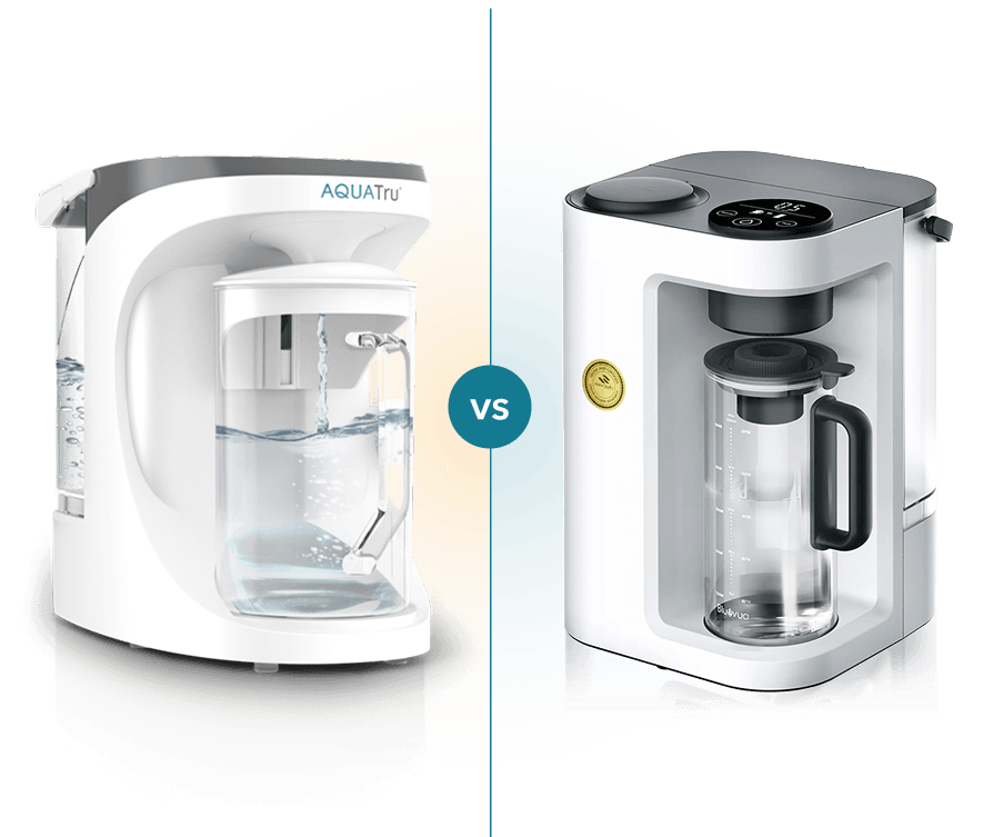 Two water filtration systems side by side, one with a pitcher and the other with a modern design and digital controls.